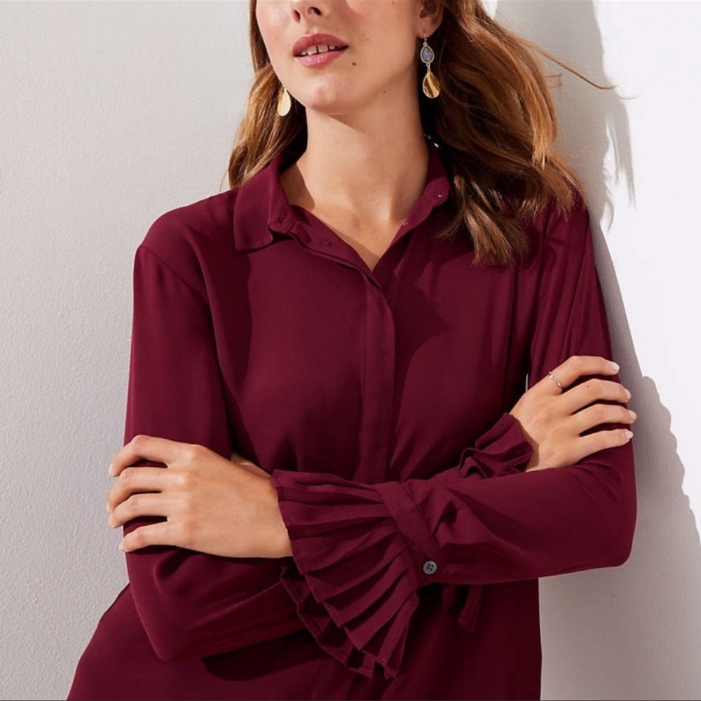 Loft Pleated Cuff Button Down Blouse Maroon - image 3